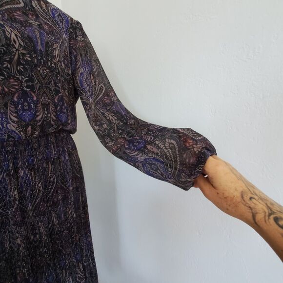 VERO MODA Midi Floral Pleated Long Sleeve Size Medium Sheer Flirty Lined Violet - Picture 7 of 16